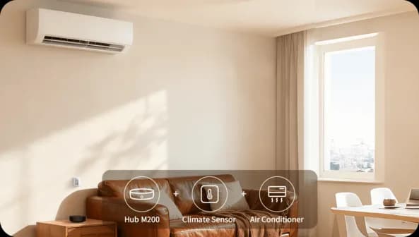 Diagram showing an Aqara Hub M200, climate sensor and air conditioner in one room