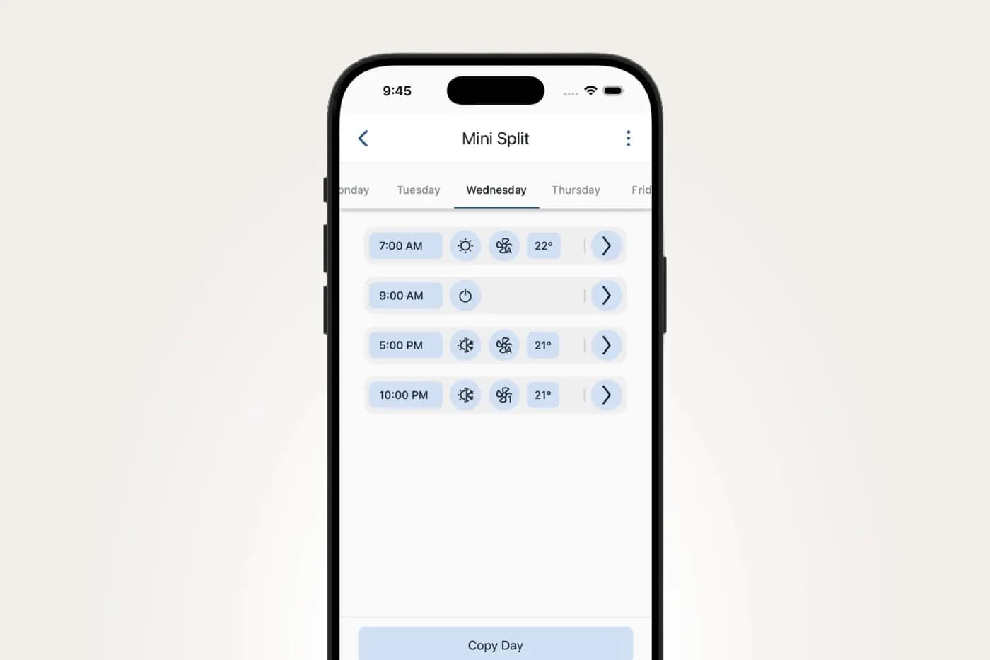 Mysa app schedule screen for a mini-split air conditioner