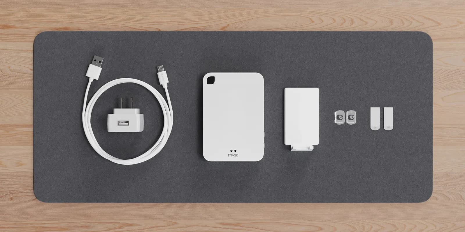 Mysa Smart AC controller, stand, mounting plate, cable, adaptor and clips