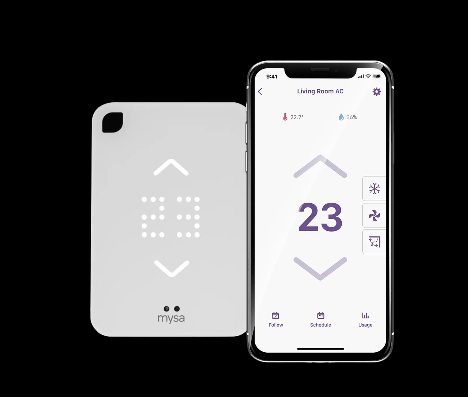 Mysa Smart AC controller and Mysa app controls