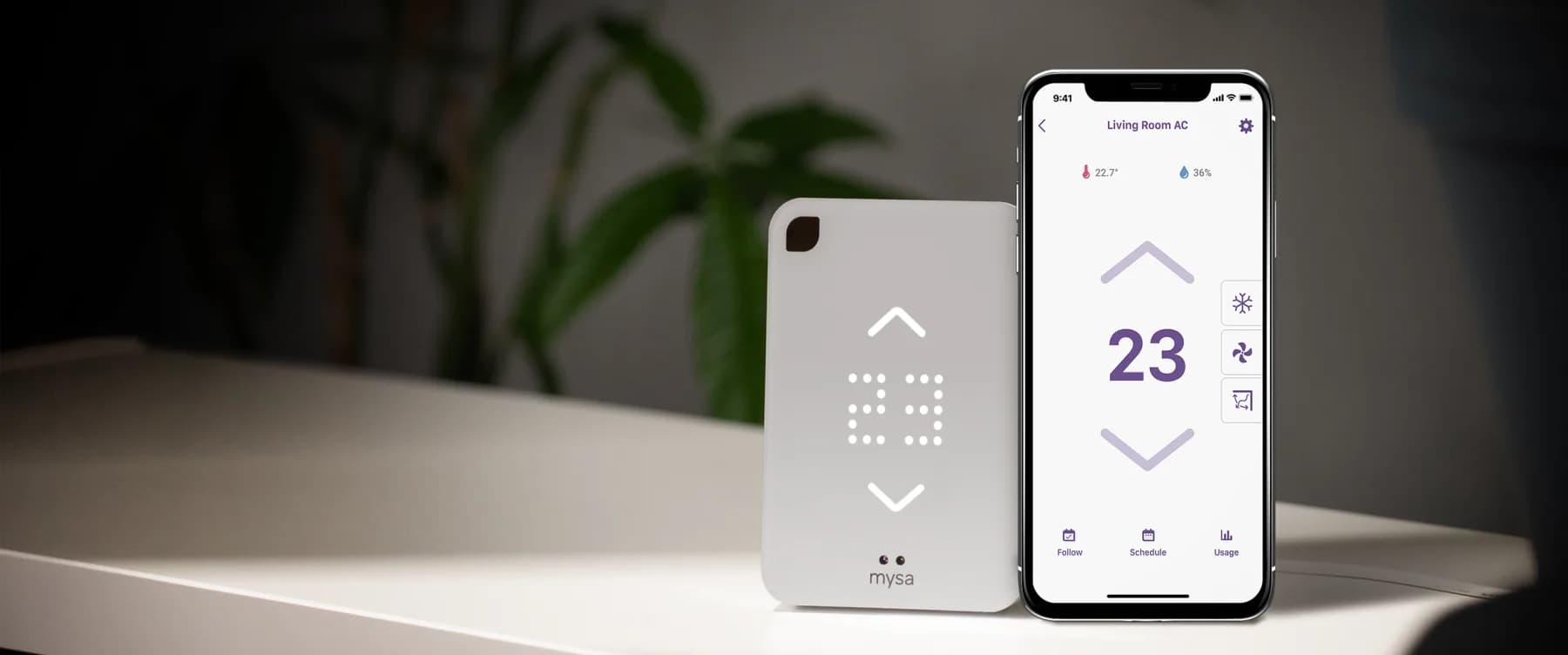 Mysa Smart AC controller beside its aircon controls in the Mysa app