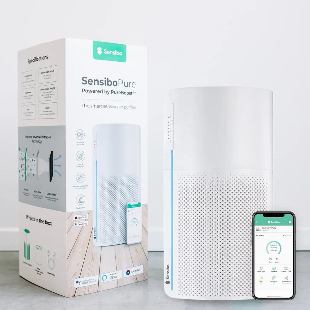 Sensibo Pure purifier with packaging and app